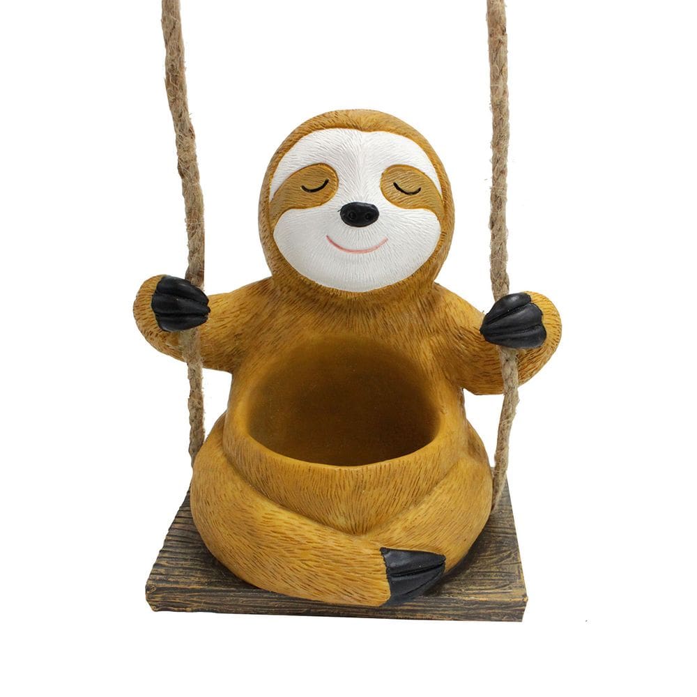 Escultura de decoração de jardim Sloth on Swing com suporte de plantador