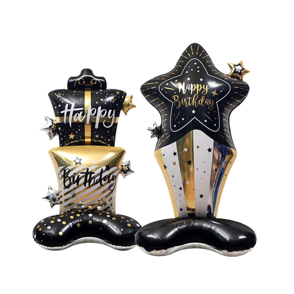 Balões metalizados, estrela 4D e caixa de presente preta e dourada, 2 unidades