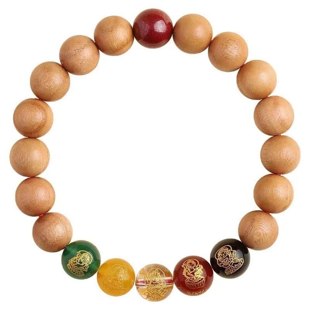 Pulseira de madeira de pêssego natural com Five Fortune Beads e Cinna