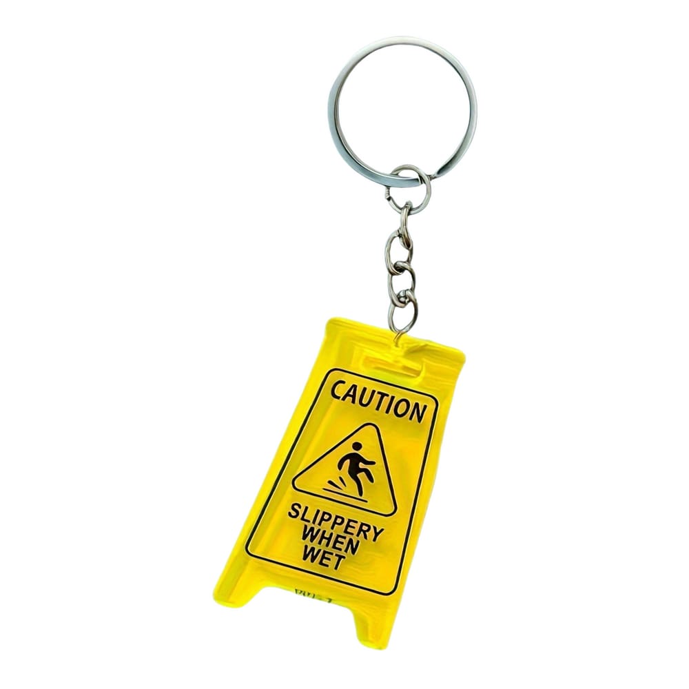 Chaveiro Funny Caution Slippery When Wet, amarelo, acrílico