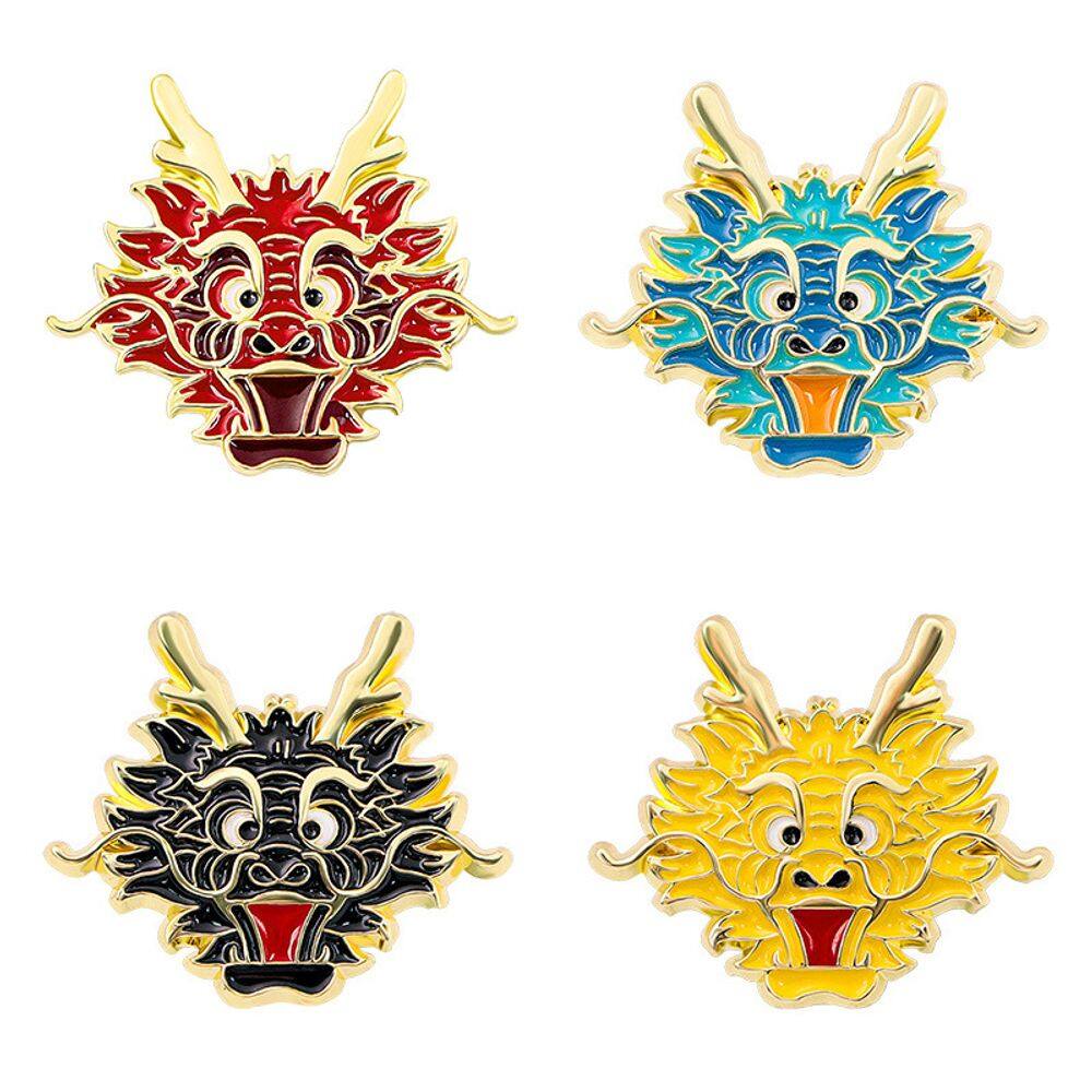 Conjunto de broches em liga chinesa de cabeça de dragão, 4 peças de esmalte colorido
