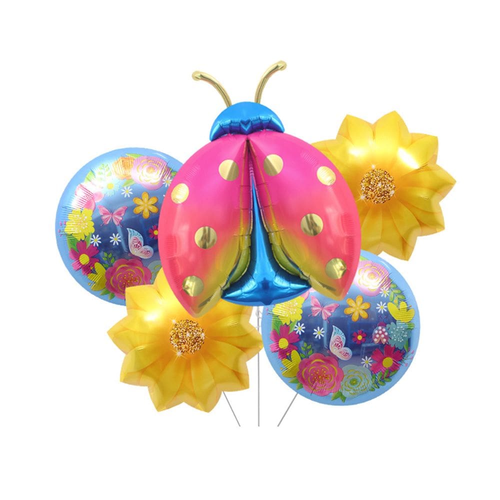 Conjunto de balões metalizados, joaninha colorida e flor x5