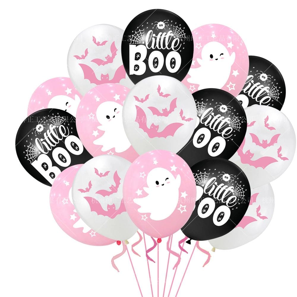Kit de balões de Halloween 18 látex 30 cm rosa com estampa de morcego fantasma