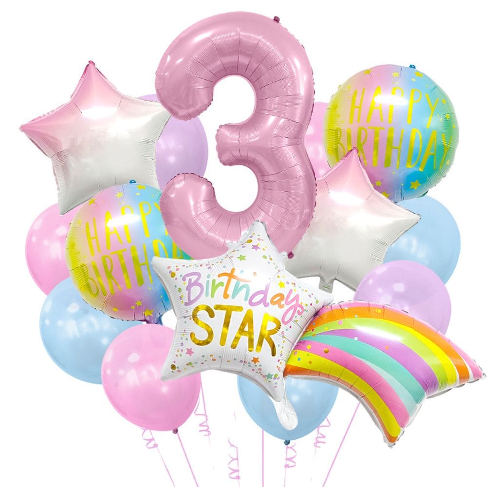 Conjunto de balões com tema de arco-íris e estrelas com papel alumínio número 3 | 14 unidades