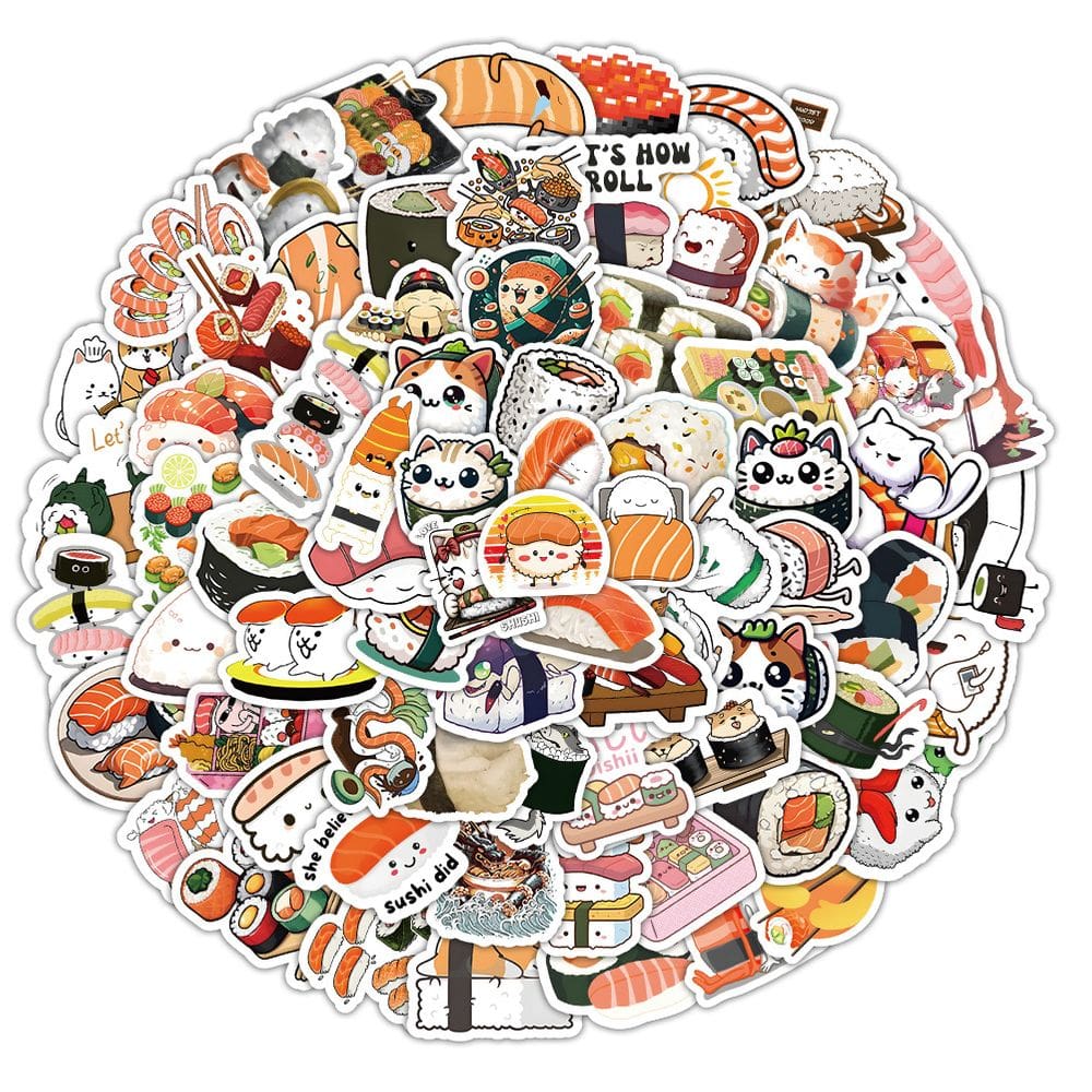 Adesivos de sushi, 100 peças de desenhos animados kawaii, sushi e decalques de comida