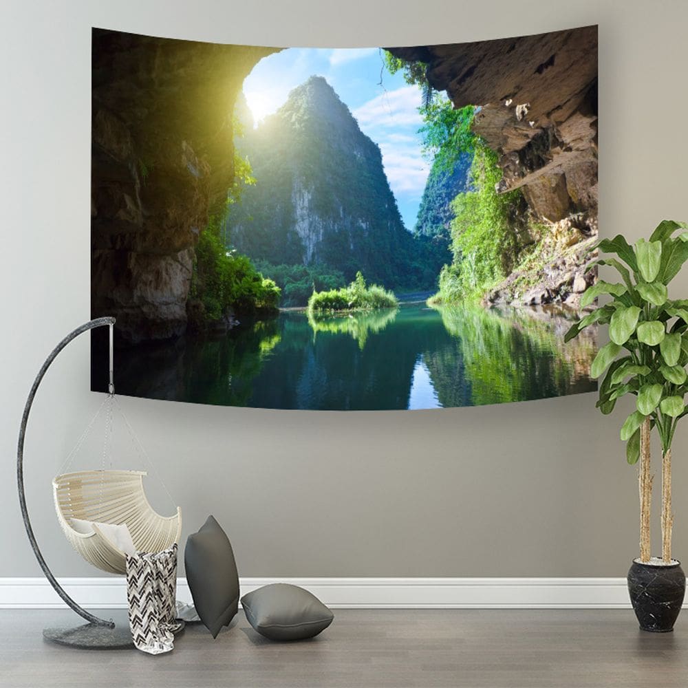 Tapeçaria pendurada na parede, caverna, paisagem, rio, montanha, 150x130cm