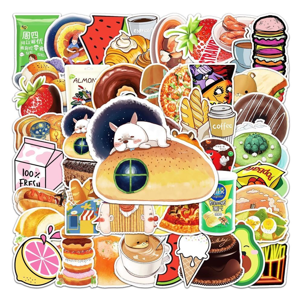 Pacote de adesivos Cartoon Food Drink 50 unidades de vinil impermeável