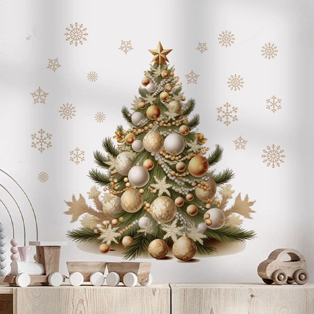 Adesivos de parede, árvore de Natal, enfeites dourados, PVC, 40x40cm