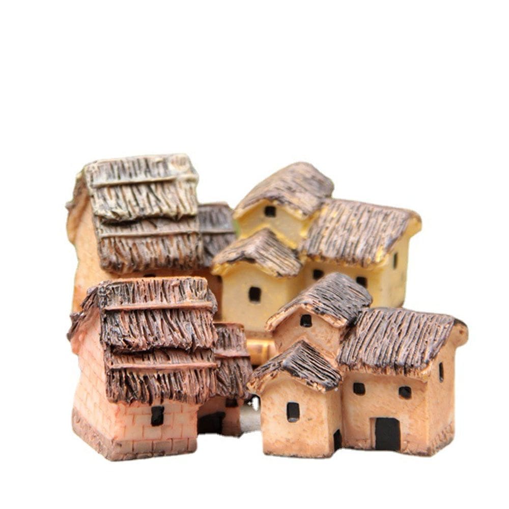 Conjunto de esculturas de chalé em miniatura com telhado de palha de resina rústica