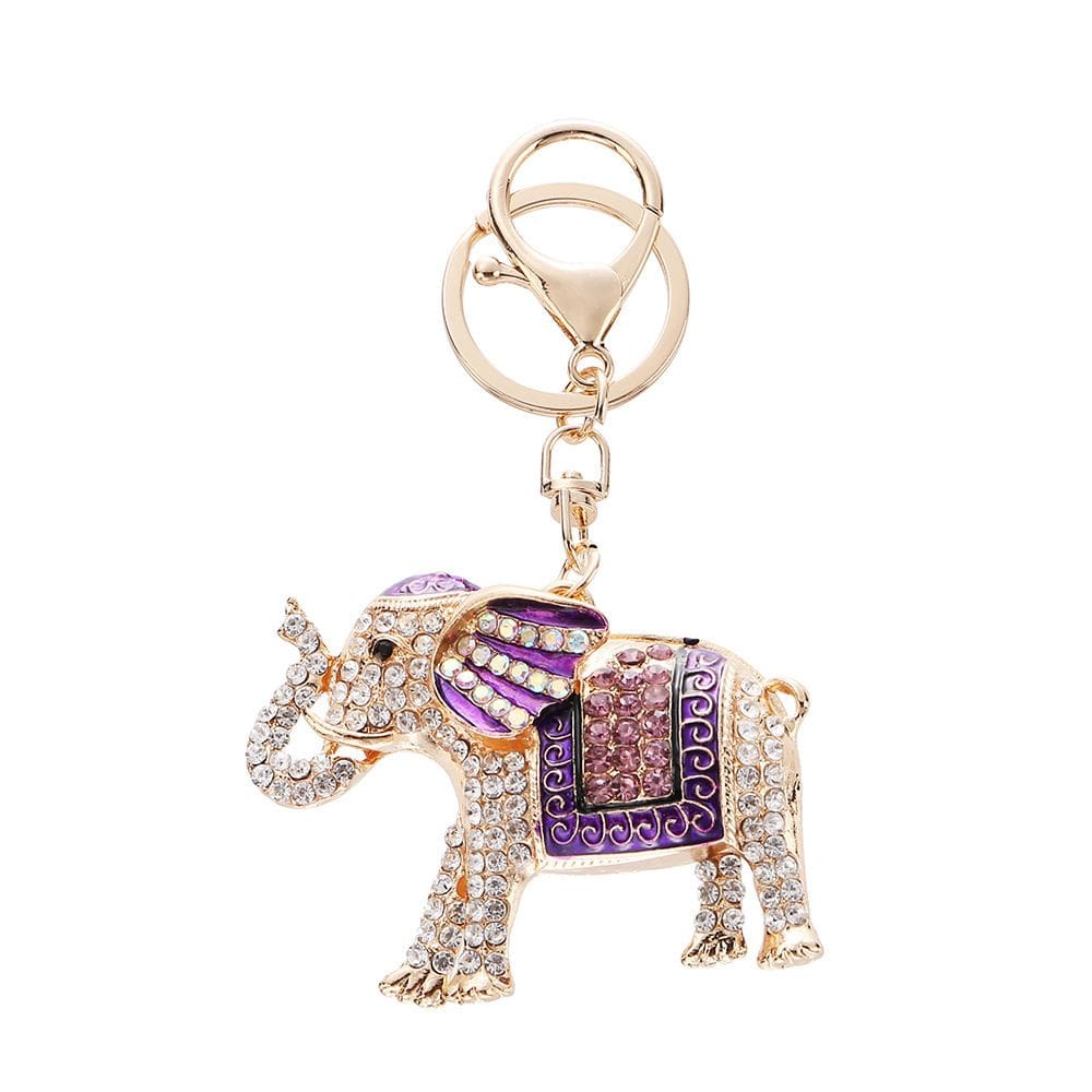 Chaveiro: elefante colorido, cristal roxo, strass, feminino
