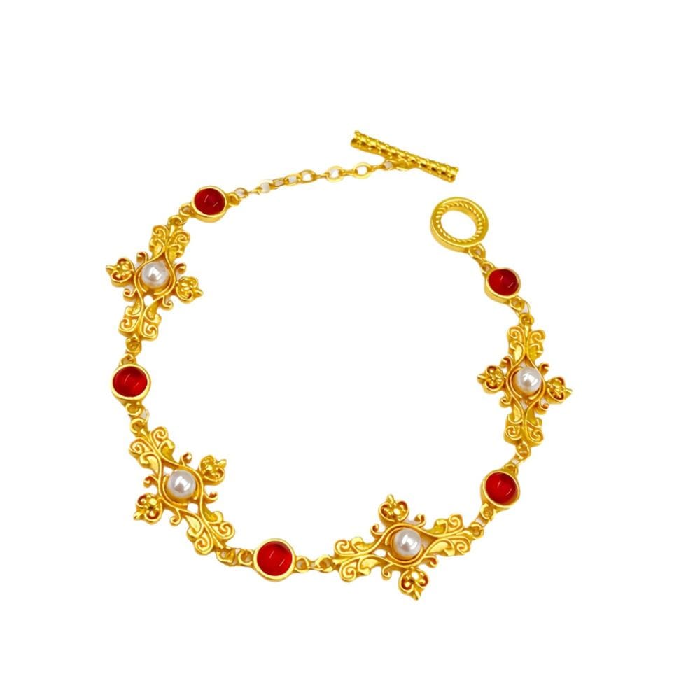 Pulseira de pérola banhada a ouro e miçangas vermelhas para mulheres