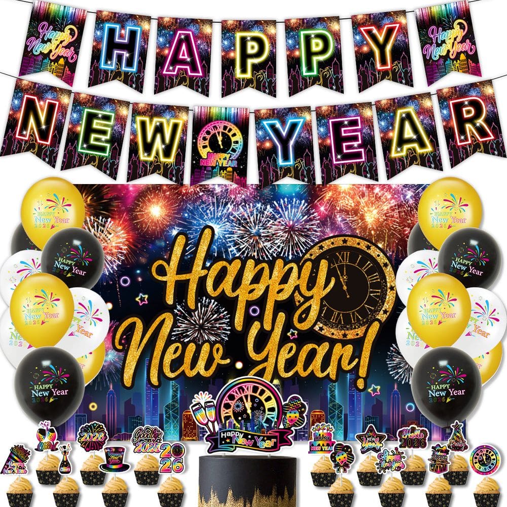 Conjunto de decorações de festa Feliz Ano Novo, 38 peças de fogos de artifício de néon