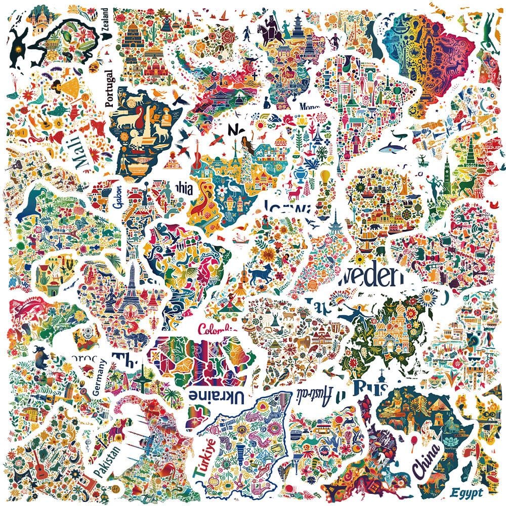 Adesivos World Map Cultural Icon 50 unidades de vinil impermeável