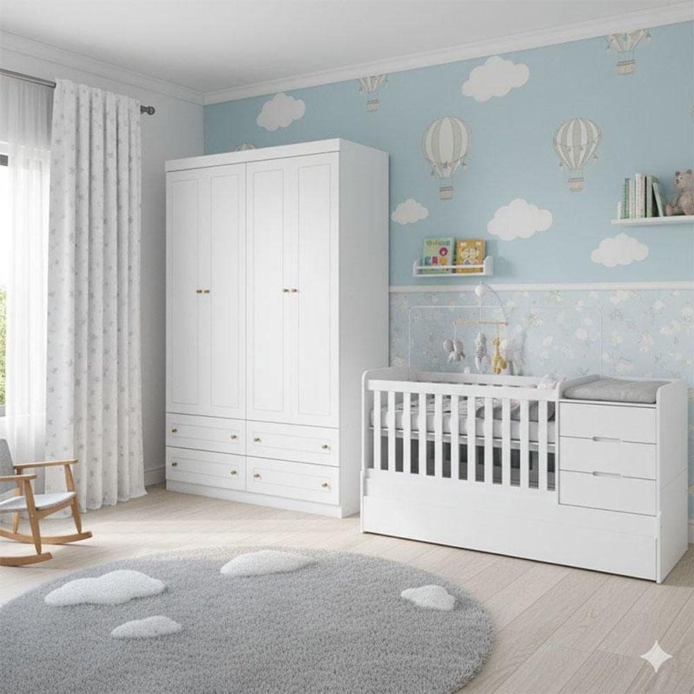 Berço Multifuncional Cleo E Guarda Roupa Infantil 4 Portas Americano Ambiente Branco Fosco - Carolina