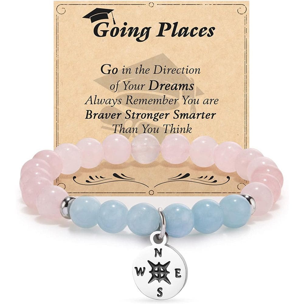 Pulseira de miçangas de cristal para mulheres com pingente de bússola