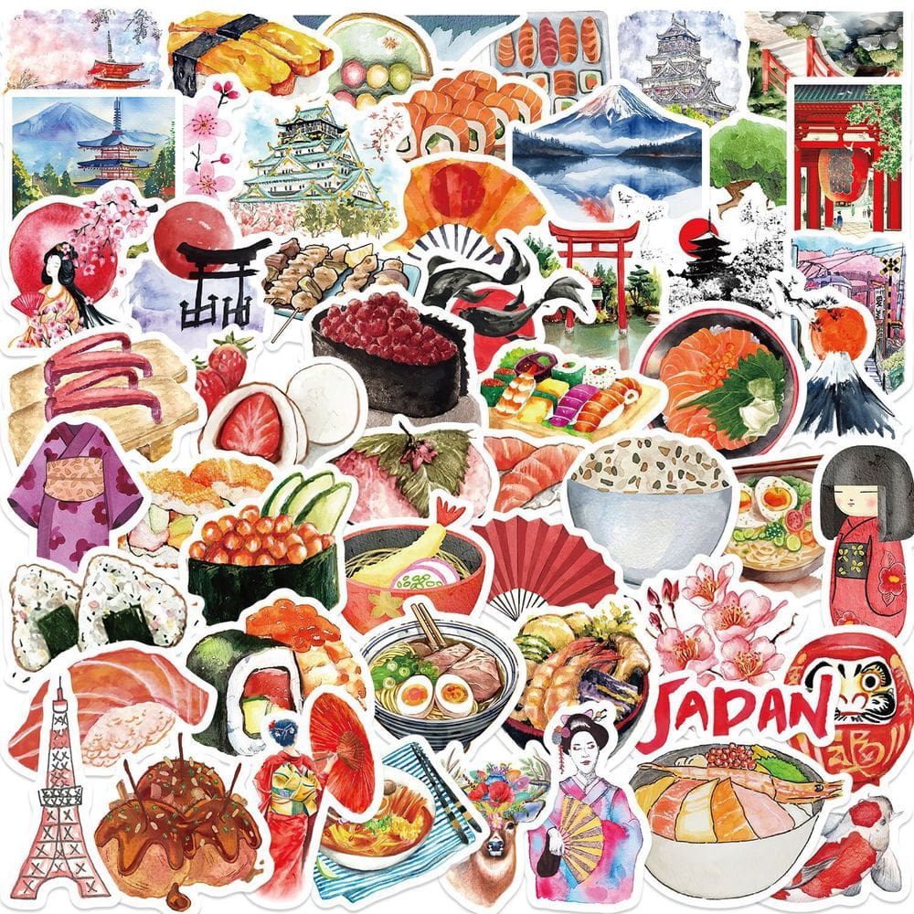 Conjunto de adesivos Japanese Travel, 50 peças de sushi em aquarela, sakura