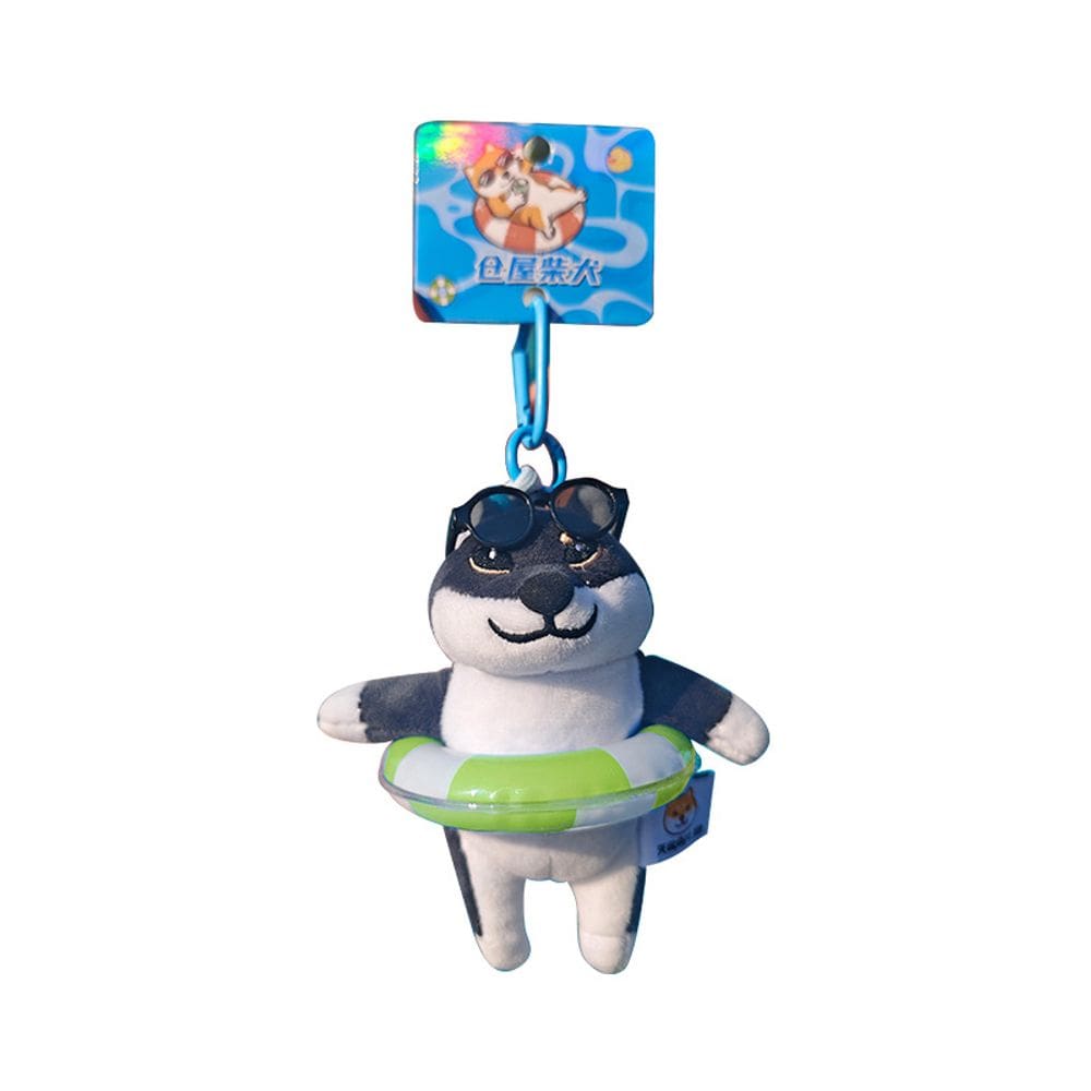 Chaveiro de pelúcia Shiba Inu com óculos de sol e anel de natação 12x14cm