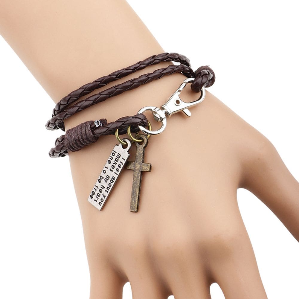 Pulseira Cross Leather Double Wrap em couro bovino para homens