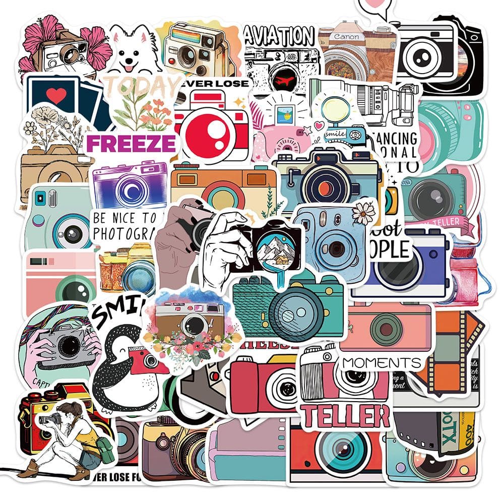Pacote de adesivos com tema de câmera retrô, fotografia vintage, 50 unidades