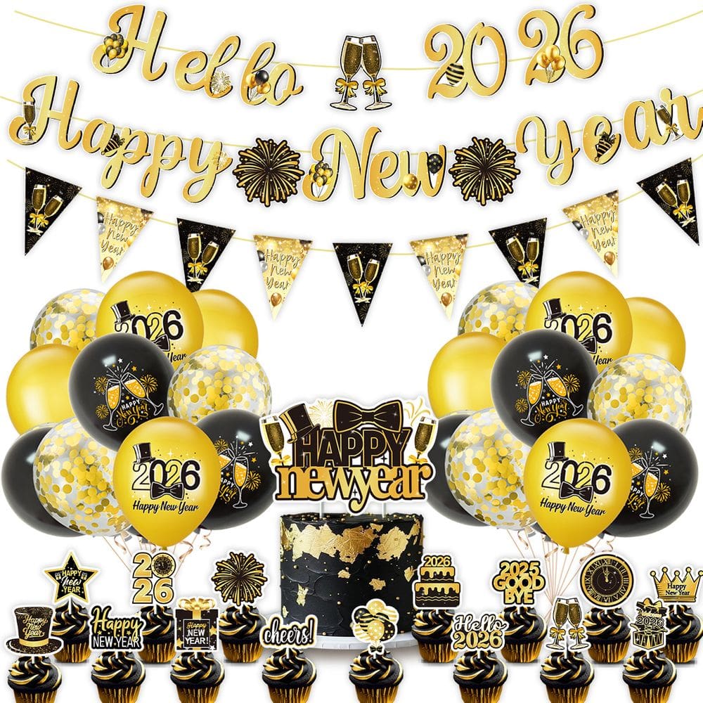 Conjunto de decoração de festa, 39 unidades, 2026, tema de ouro preto e ano novo