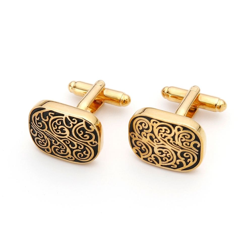 Gravura retangular preta banhada a ouro vintage da Cufflinks