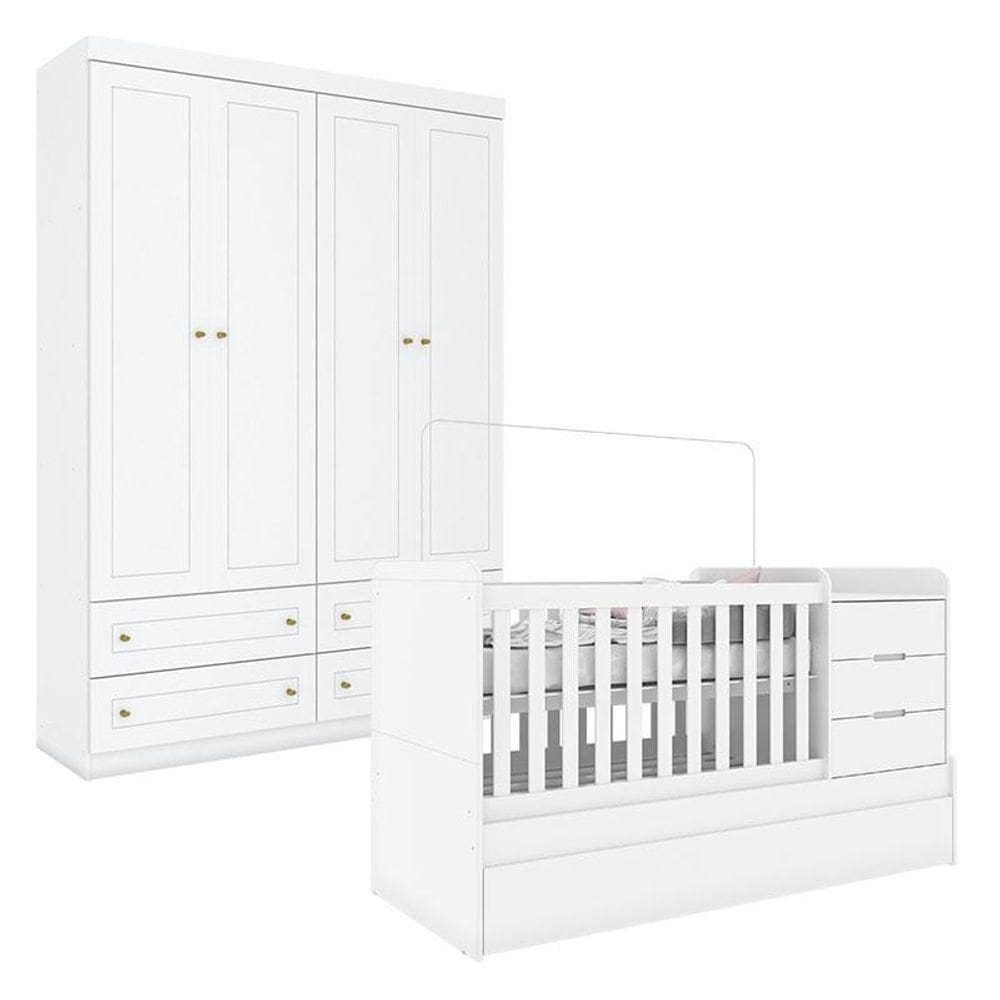 Berço Multifuncional Cleo E Guarda Roupa Infantil 4 Portas Americano Branco Fosco - Carolina