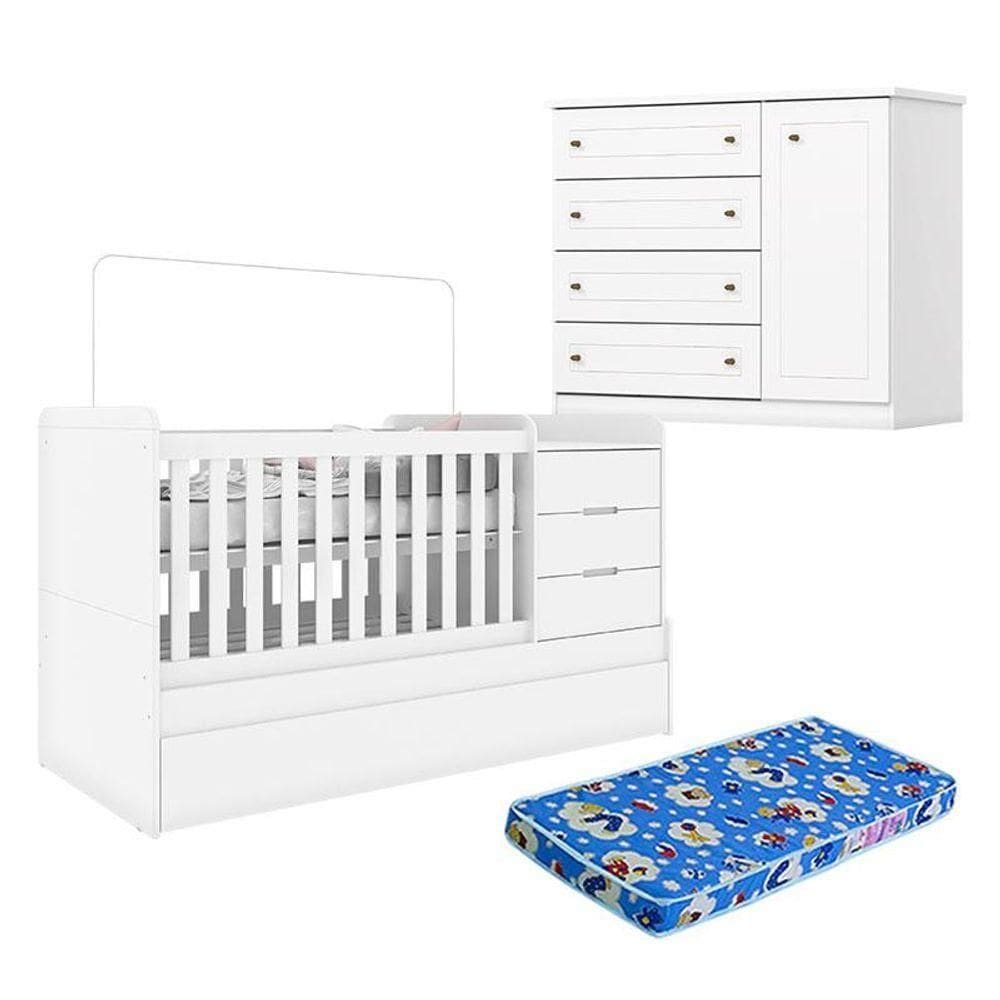 Berço Multifuncional Cleo E Cômoda Infantil Mississipi Branco Fosco Com Colchão Ortobom - Henn