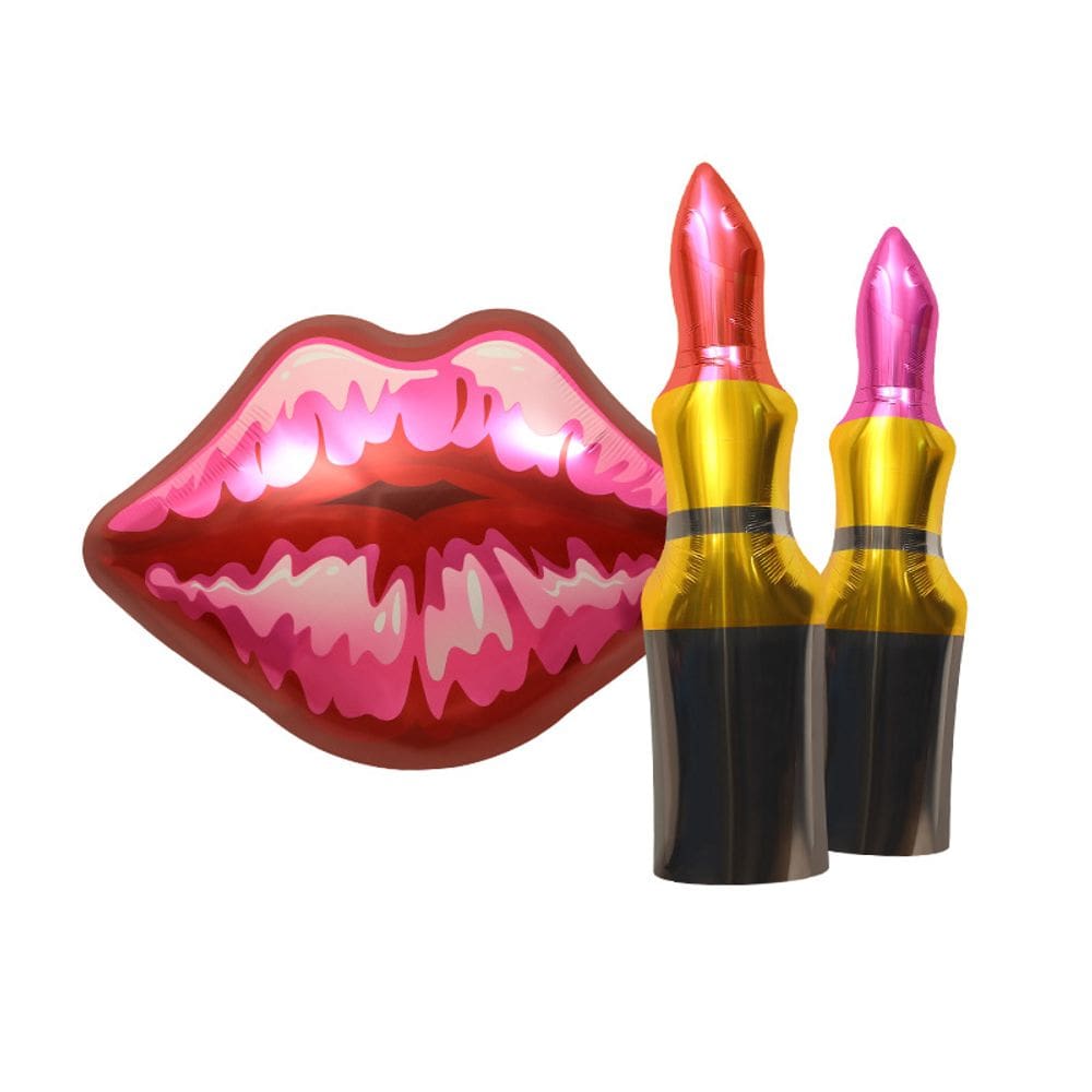 Balões metalizados com tema de maquiagem, 3 peças — desenho animado de lábios e batom