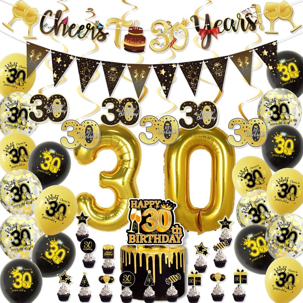 Kit de balão de aniversário do 30º aniversário dourado e preto x20
