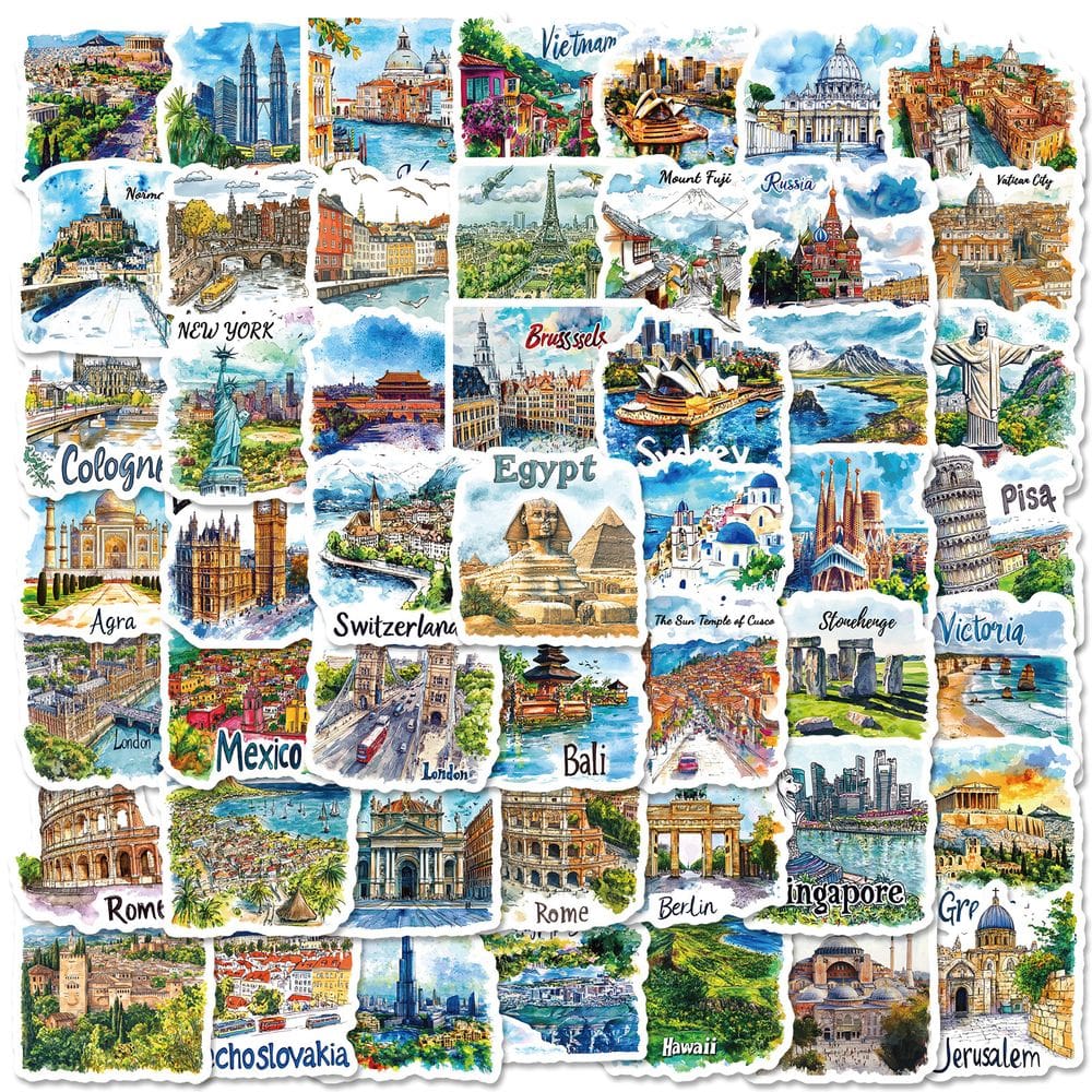 Pacote de adesivos, mapa de viagem desenhado à mão, 50 unidades à prova d`água