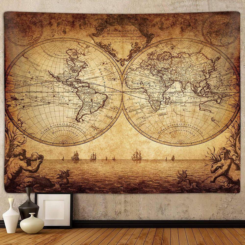 Tapeçaria para pendurar na parede Vintage World Map 150x130cm poliéster