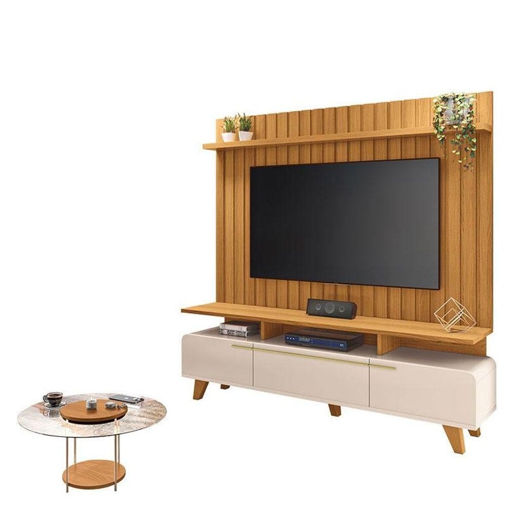 Rack Bancada Essenza E Painel Com Mesa De Centro Sky Tampo De Vidro Off White Cinamomo - Hb Móveis