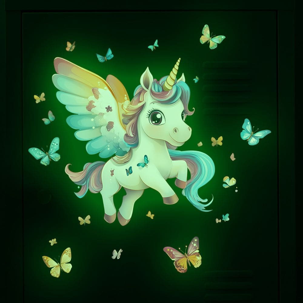 Desenho colorido de unicórnio que brilha no escuro