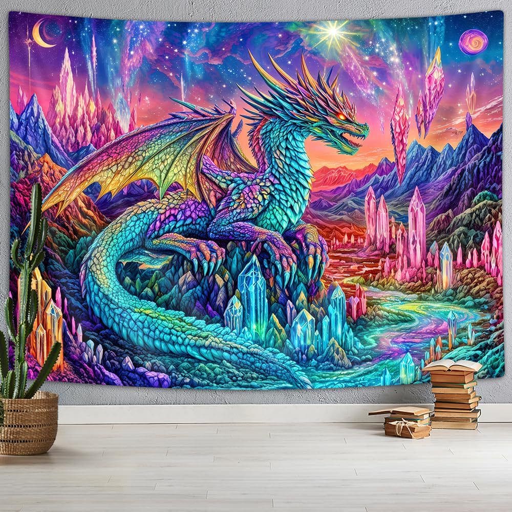 Tapeçaria para pendurar na parede Fantasy Dragon Crystal Mountain 150x130cm
