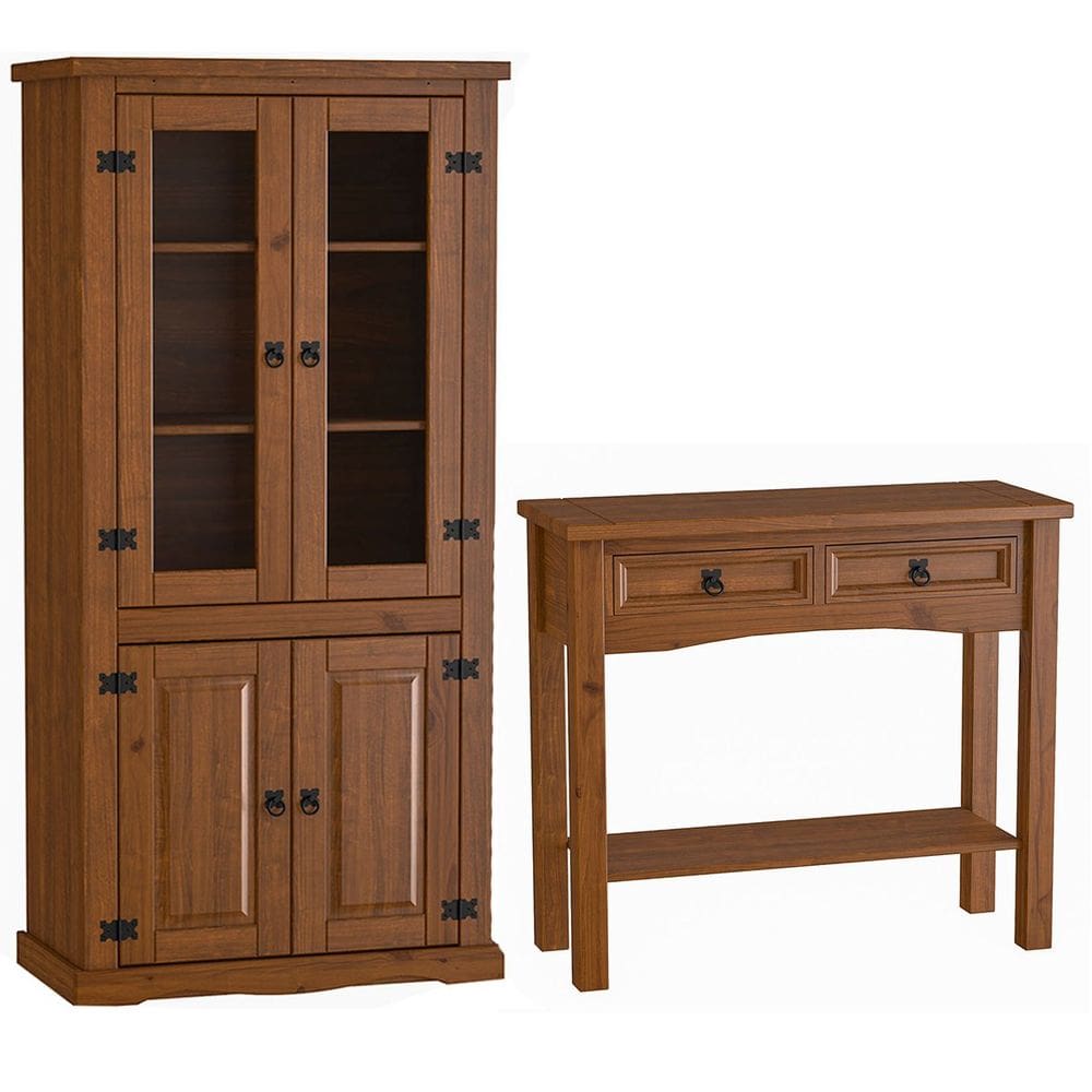 Kit Cristaleira 4 Portas e Aparador 100% Madeira Rústica Soldier