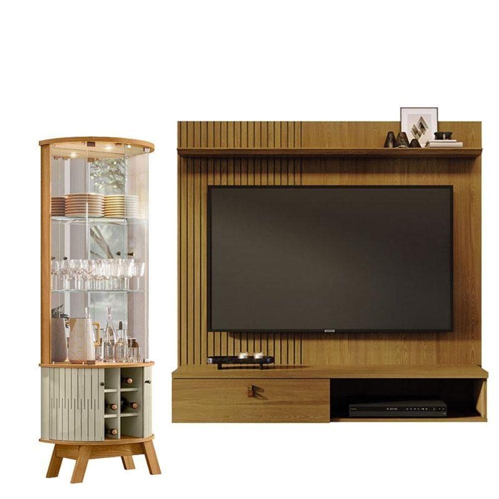 Estante Home Theater Suspenso íris Cumaru Com Cristaleira Marina Cumaru Opala - Madetec