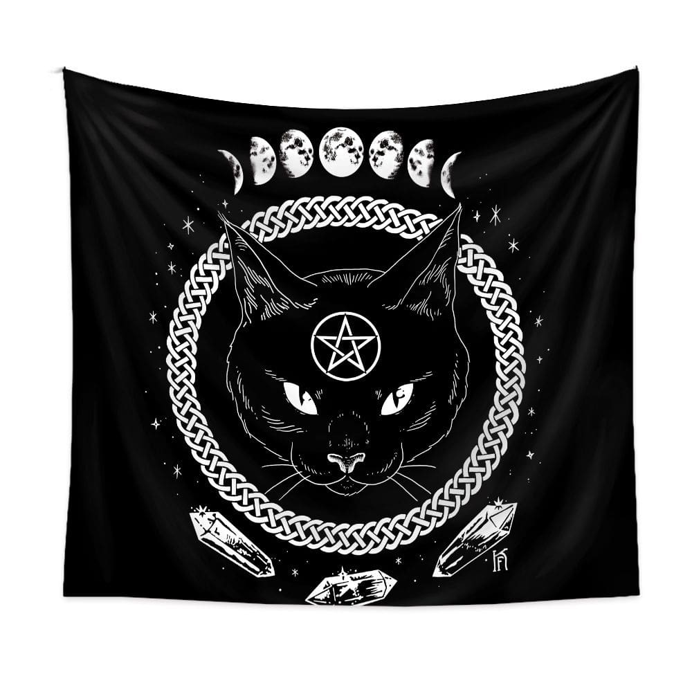 Tapeçaria pendurada na parede de gato preto com pentagrama e fases da lua