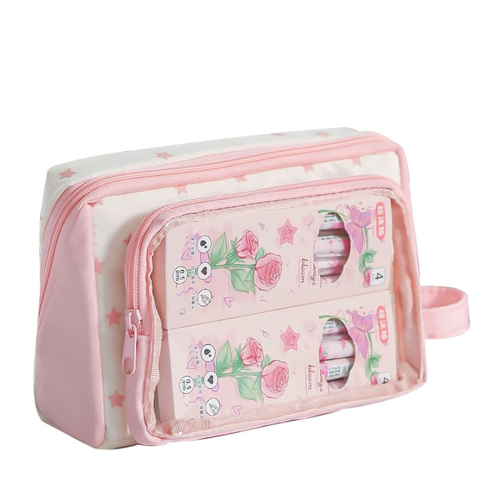 Estojo de lápis transparente de tecido de grande capacidade rosa