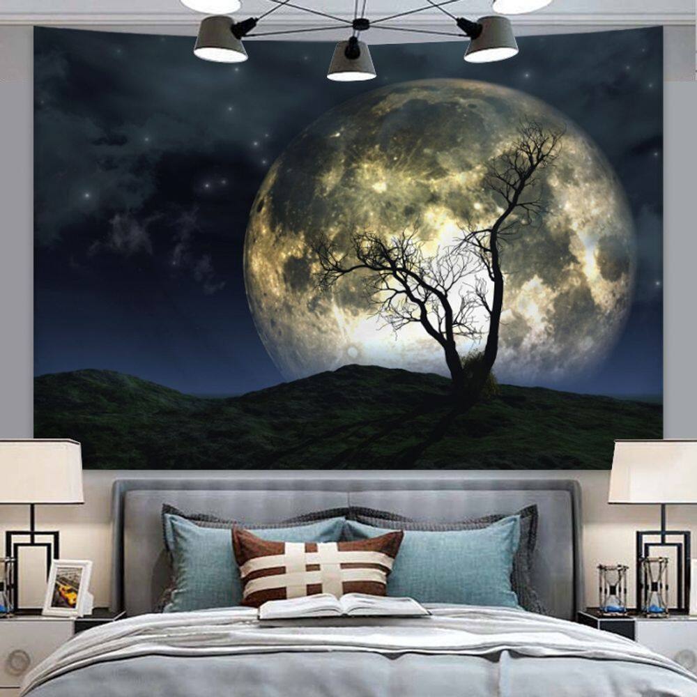 Tapeçaria pendurada na parede, silhueta de árvore de lua cheia, céu noturno