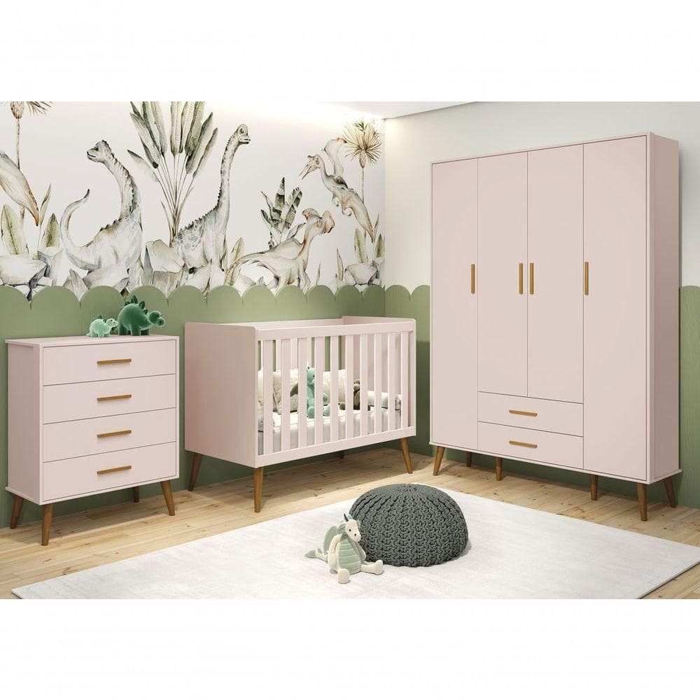 Jogo De Quarto Retrô Para Bebê Completo 4 Portas Isis Rosa Fosco - Moveisaqui