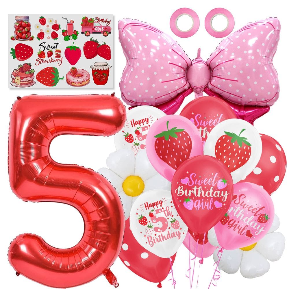 Conjunto de balões de aniversário com tema de morango com papel alumínio número 5, 14 unidades