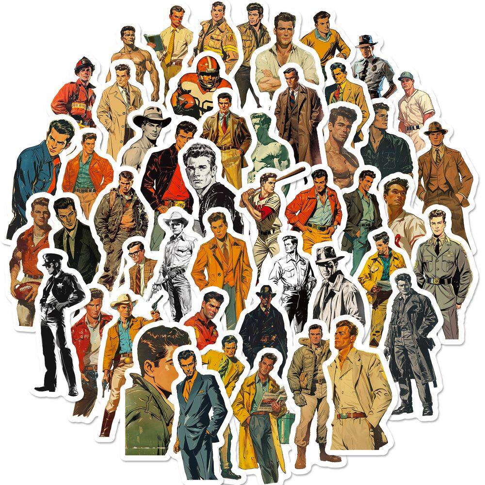 Pacote de adesivos masculinos retrô, 50 unidades, personagem vintage Cool Guy