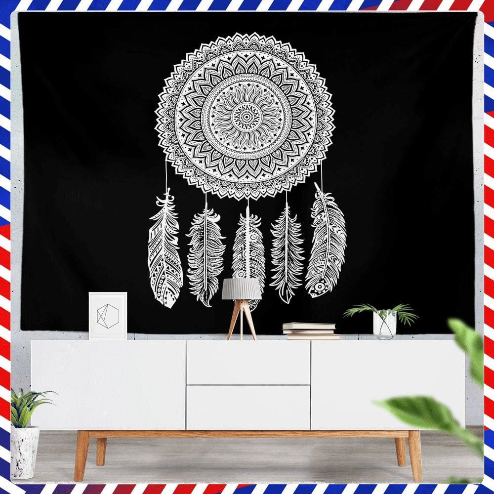 Tapeçaria para pendurar na parede Dreamcatcher preto e branco 150x130cm