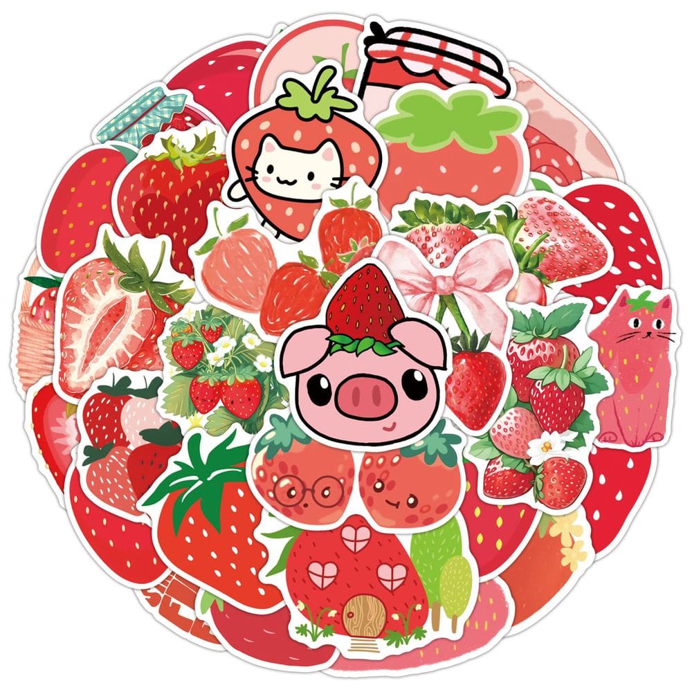 Adesivos fofos de morango, 50 peças, desenhos animados Kawaii, impermeáveis
