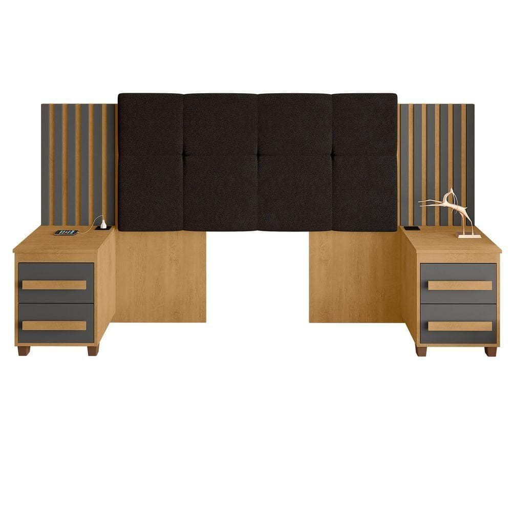 Cabeceira Casal Extensível Com 2 Mesas De Apoio Ripado E Estofado Cinamomo Com Grafite Suíça - Rv Móveis