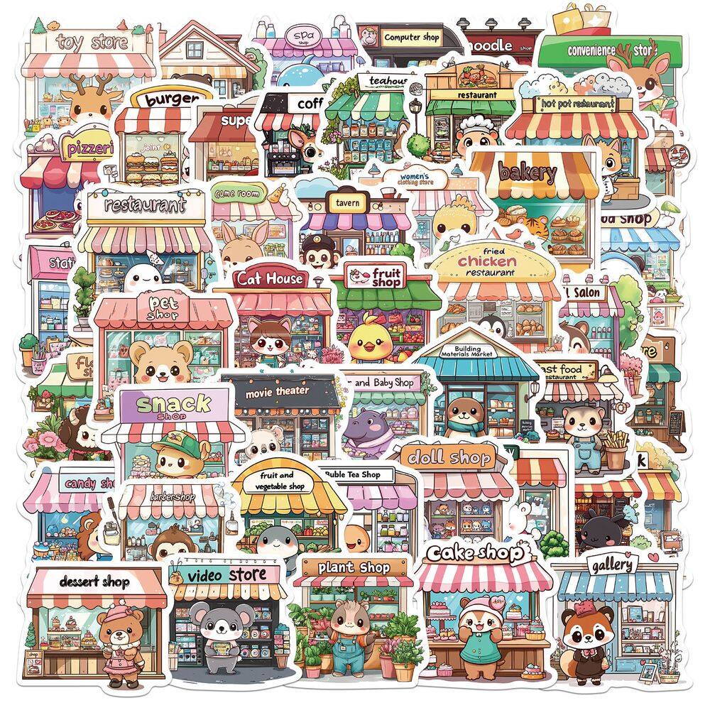 Pacote de adesivos Cute Animal Shop, 50 unidades Kawaii Cartoon Store