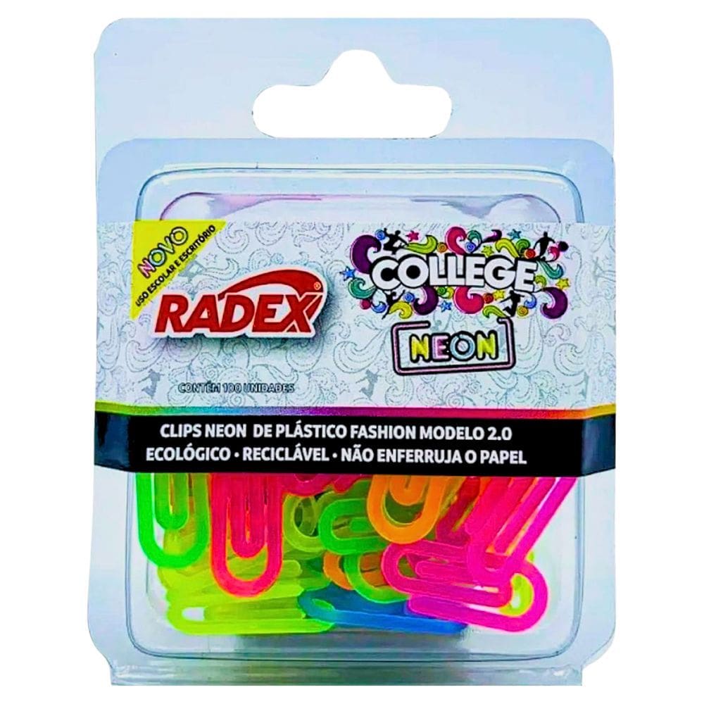 Clips College de Plástico Neon Modelo Fashion 2.0 Colorido c/ 100 Unidades - Radex