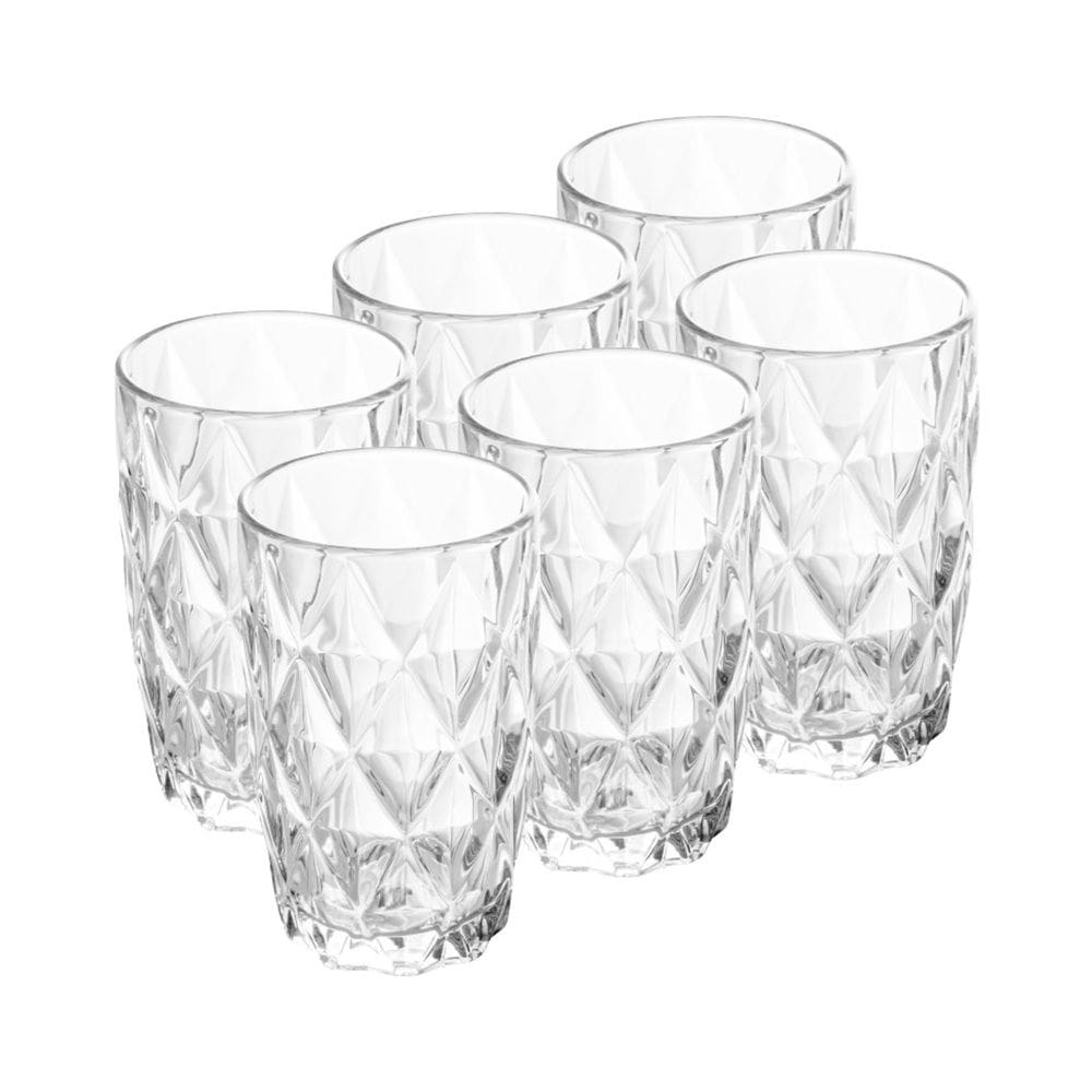 Cj 6 Copos Altos de Vidro Diamond Transparente 390ml Lyor