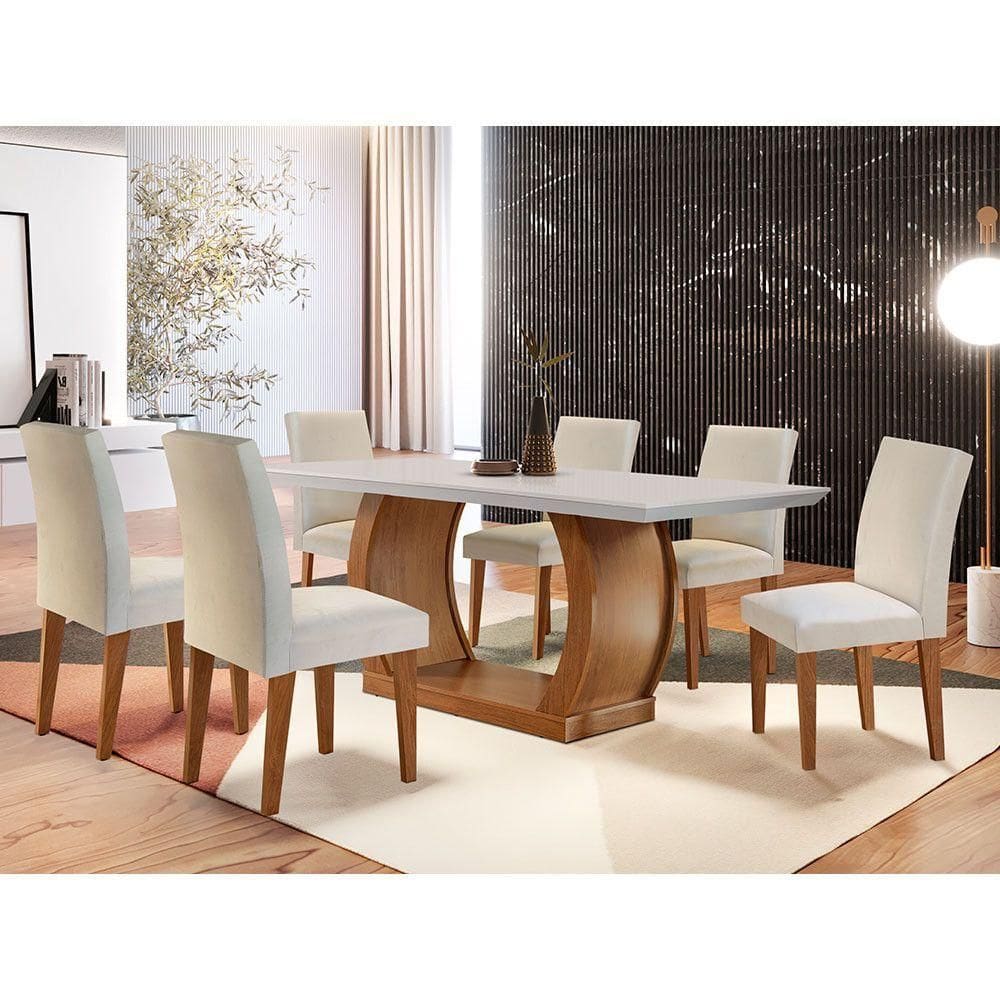 Sala De Jantar Milena 6 Cadeiras Grécia Rufato Veludo Creme Imbuia