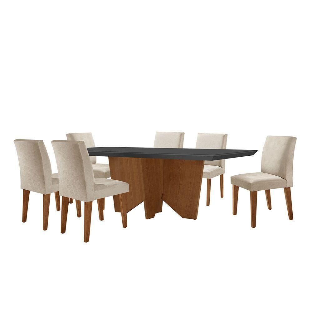 Sala De Jantar Mesa Evora Canto Reto Com 6 Cadeiras Grecia Rufato Veludo Creme Grafite E Imbuia